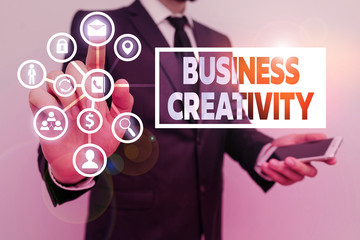 Conceptual hand writing showing Business Creativity. Concept meaning act of turning new and...