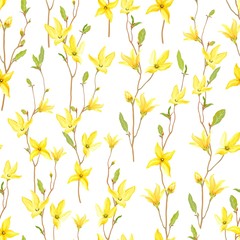 Seamless floral pattern with blossoming yellow flowers and green leaves branches Forsythia. Vector spring illustration on white background in watercolor style.