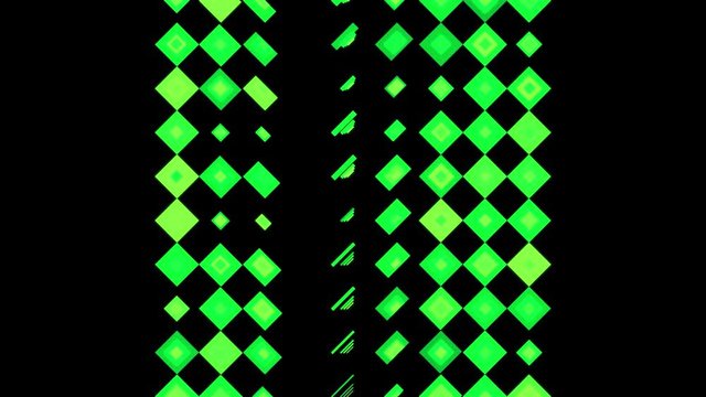 Green motion abstract background with colorful pixels flashing and switching on black background, seamless loop. Animation Green glowing mosaic tiles in parallel rows.
