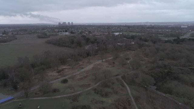 Pex hill woodland quarry parkland walk. Dense woodland countryside farmland landscape. Fly over wooded wilderness.