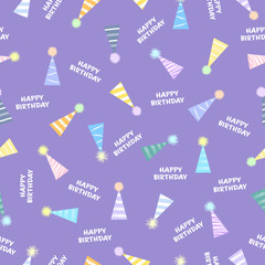 Seamless Happy Birthday party hat pattern, on a bright purple background