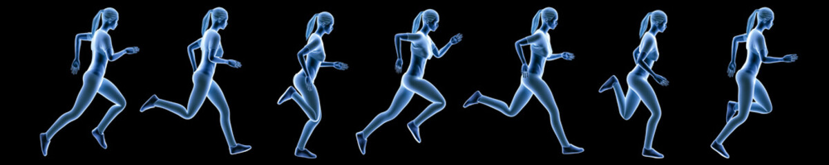 Sportswoman running sequence movements isolated on a black background. Hologram 3d render banner illustration. Sport, fitness, health, human biomechanics concepts.