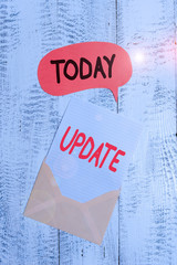 Text sign showing Update. Business photo text by adding new information or making corrections Up to date Front view open envelop speech bubble paper sheet lying wooden background