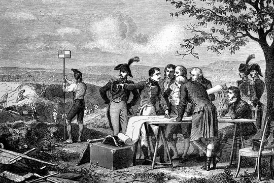 Napoleon Bonaparte indicating the plan for the cutting of the Canal de Saint-Quentin. 1801. Antique illustration. 1890.