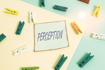 Word writing text Perception. Business photo showcasing individuals organize and interpret their sensory impressions Colored clothespin paper empty reminder yellow blue floor background office