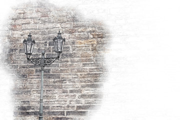 abstract architecture sketch style image of old brick wall and street lantern
