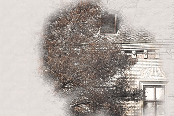 abstract architecture sketch style image of old house and trees