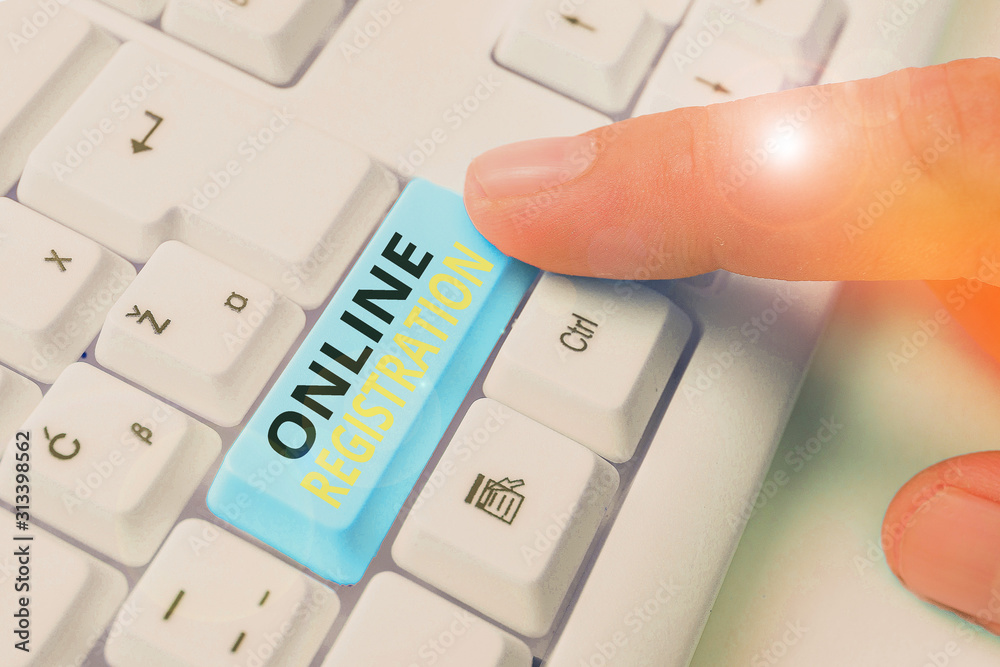 Poster writing note showing online registration. business concept for registering via the internet as a use