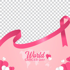 Social Media Template. February 4, World Cancer Day with Pink Ribbon and paper hearts.