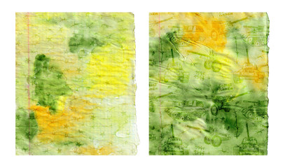 Spring watercolor backgrounds for May 9. Text: eternal glory. Sketch of tanks and guns, barbed wire, stars. Texture yellow green, crumpled sheets of paper.