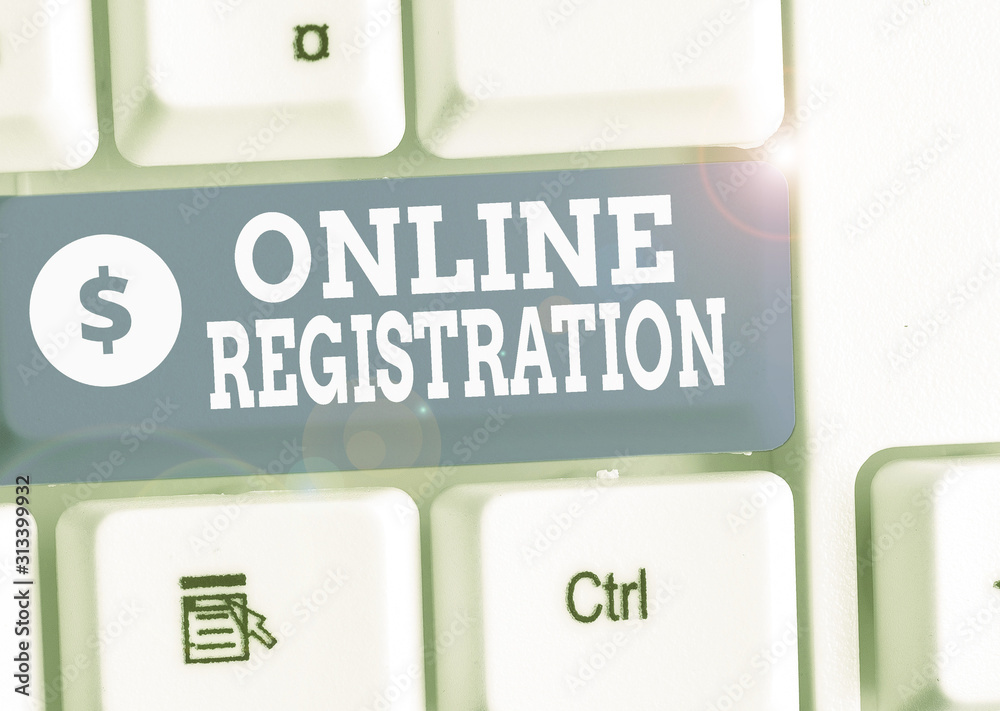 Poster writing note showing online registration. business concept for registering via the internet as a use
