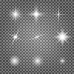 Light flare vector effect set. Flash lihgtning star isolated on transparent background. Shiny starlight spark on lens. Collection of magic christmas twinkle. Abstract glare explosion