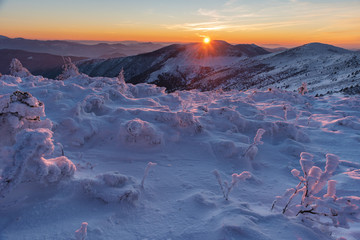 Mountain winter landscape in the Ukrainian Carpathians on the background of the sunset.	