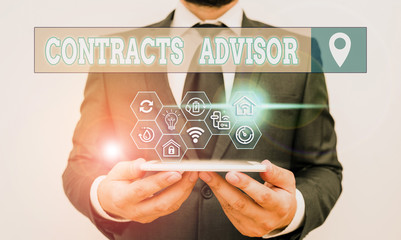 Writing note showing Contracts Advisor. Business concept for ensure the enforcement of defined...
