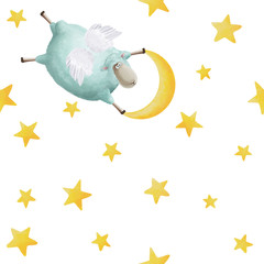 Cute sheep with wings and moon. Bright starry night sky. Good night illustration