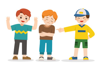 Boy student getting bullied in school. Sad boy standing around and bullying person. Problem of bullying at school. Sad moment.