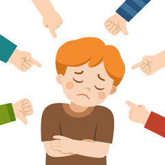 Boy crying and other kids pointing at her and laughing. Bullying at school. A boy in shame and hands with pointing finger. Victim kid.