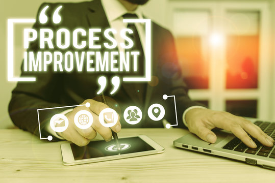 Text sign showing Process Improvement. Business photo showcasing ongoing effort to improve products services or processes