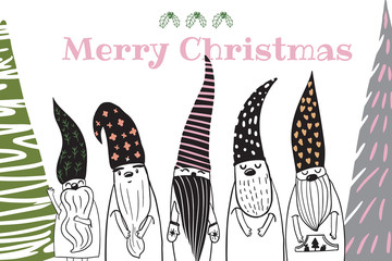 Merry Christmas letters, Seasons greetings , cute nordic  gnomes in hand - drawn scandinavian hats.