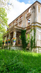 Destroyed building at the former front line of the war on Mostar. Palace bombed during the 1992-1995 Bosnian War facing the Zrinjski City Park, a public park on the western side of the city of Mostar