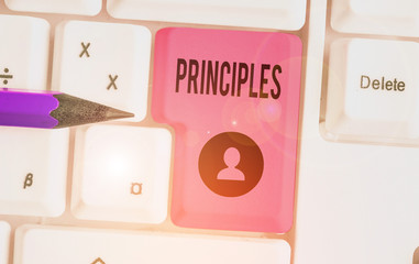 Writing note showing Principles. Business concept for fundamental truth that serves as the base for...