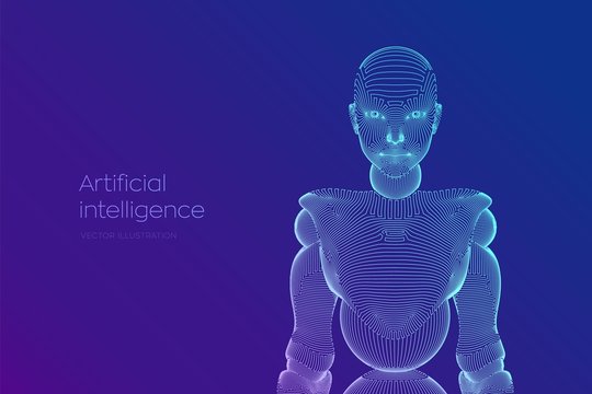 Wireframe female cyborg or robot. Abstract cyber woman. Sci-Fi cybernetic robot with AI. Machine learning and artifactial intelligence technology concept. Digital brain. Vector illustration.