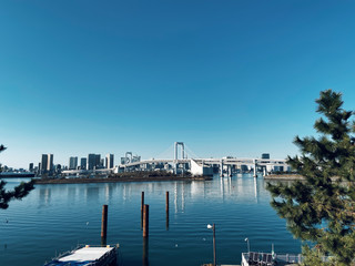 View of Tokyo harbour with port, white bridge, and cityscape background against deep clear blue sky