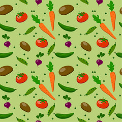 Seamless pattern: multi-colored appetizing vegetables in a flat vector style on a green background. vector. illustration