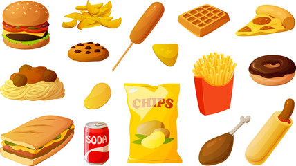 Vector illustration of various unhealthy fast food items isolated on white background.
