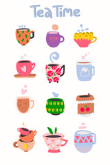 Set of various cups with tea or coffee. Different ornaments. Hand drawn colored trendy vector illustration.  Flat design. Eps 10. 
