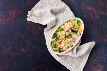 Broccoli and pike gratin with cheese, top view