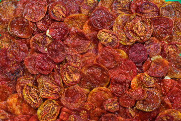 Tasty dried tomatoes as background. Top view