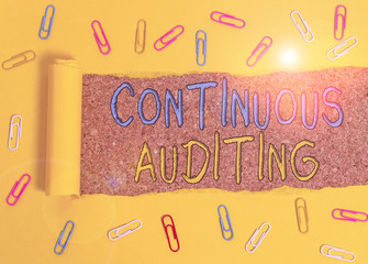 Text sign showing Continuous Auditing. Business photo text Internal process that examines...