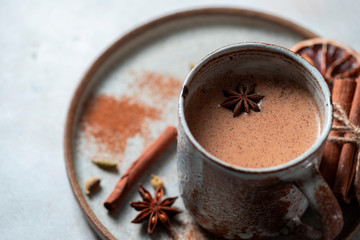 Traditional Indian masala tea with spices.Spiced tea with milk.