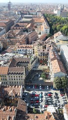 Fototapeta premium Turin, Italy - 01/004/2019: Beautiful panoramic view from Mole Antoneliana to the city of Turin in winter days with clear blue sky and the alps in the background. 