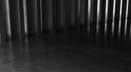 Abstract floor and wall background with columns. Modern showroom design. Futuristic interior view. 3d Rendering.