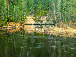 landscape with small river and green trees ashore