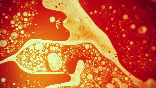 Fantastic structure of golden bubbles. Scientific experiment, chemical reactions. Chaotic motion, bubble flow expansion, curlicue of paints. Psychedelic liquid light show, ink patterns in water + oil.