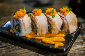Salmon Sushi roll on plate