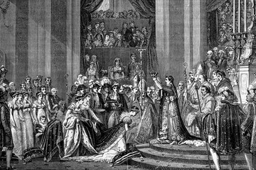 The coronation of Napoleon in the Cathedral of Notre Damme. 2nd. December 1804. Antique illustration. 1890. - obrazy, fototapety, plakaty
