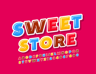 Vector bright Banner Sweet Store. Colorful Kids Font. Glossy Alphabet Letters and Numbers
