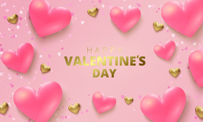 Happy Valentines Day greeting card. Realistic 3d hearts on pink background. Love and wedding. Vector illustration