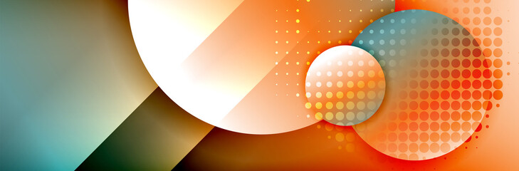 Dynamic trendy geometrical abstract background. Circles, round shapes 3d shadow effects and fluid gradients. Modern overlapping round forms