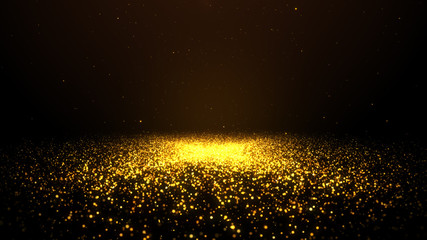 Abstract background shining golden floor ground particles stars dust. Futuristic glittering in space on black background.