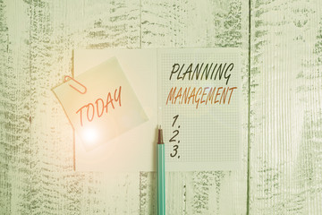 Writing note showing Planning Management. Business concept for act or process of making or carrying out plans Open squared notepad clip note highlighter lying old wooden background