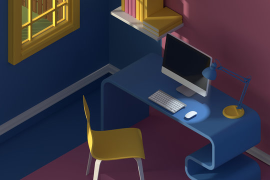 3D render. Isometric view of interior in minimalistic modern cartoon style.Room in evening sunlight. with chair, table, computer, window.Colorful yellow,blue, pink mock up 3d Scene rendering.