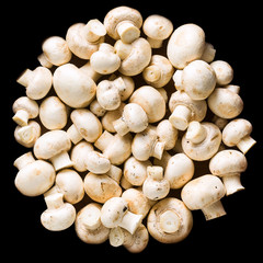 mushrooms champignon isolated on black. packaging. top shot