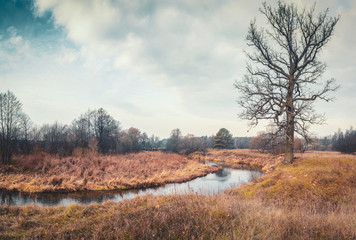 The river flows in a beautiful autumn valley.