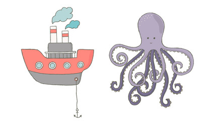 Obraz premium summer beach elements marine bird holiday brush art instagram modern social media 