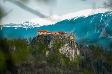 Castle on a Mountain Hill Bled Lake Slovenia Europe Alps